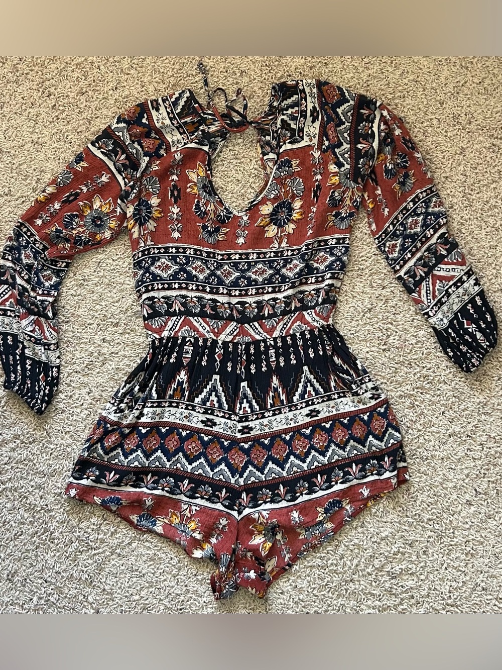 Billabong Rust and Black Floral Boho Long-Sleeve Romper